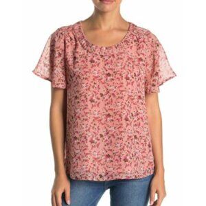 Pleione Pink Floral Scoop Neck Flutter Sleeve Blouse